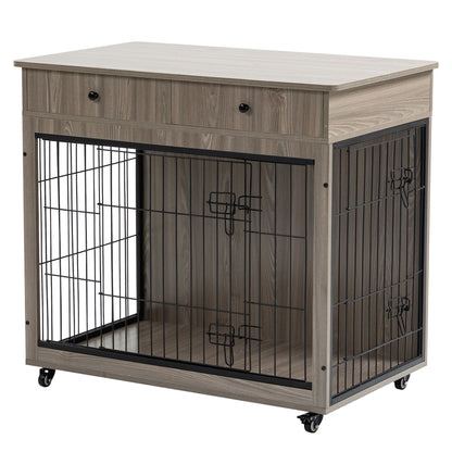 Dog Crate Furniture, Wooden Dog Crate End Table, 38.4 Inch Dog Kennel With 2 Drawers Storage, Heavy Duty Dog Crate, Decorative Pet Crate Dog Cage For Large Indoor Use