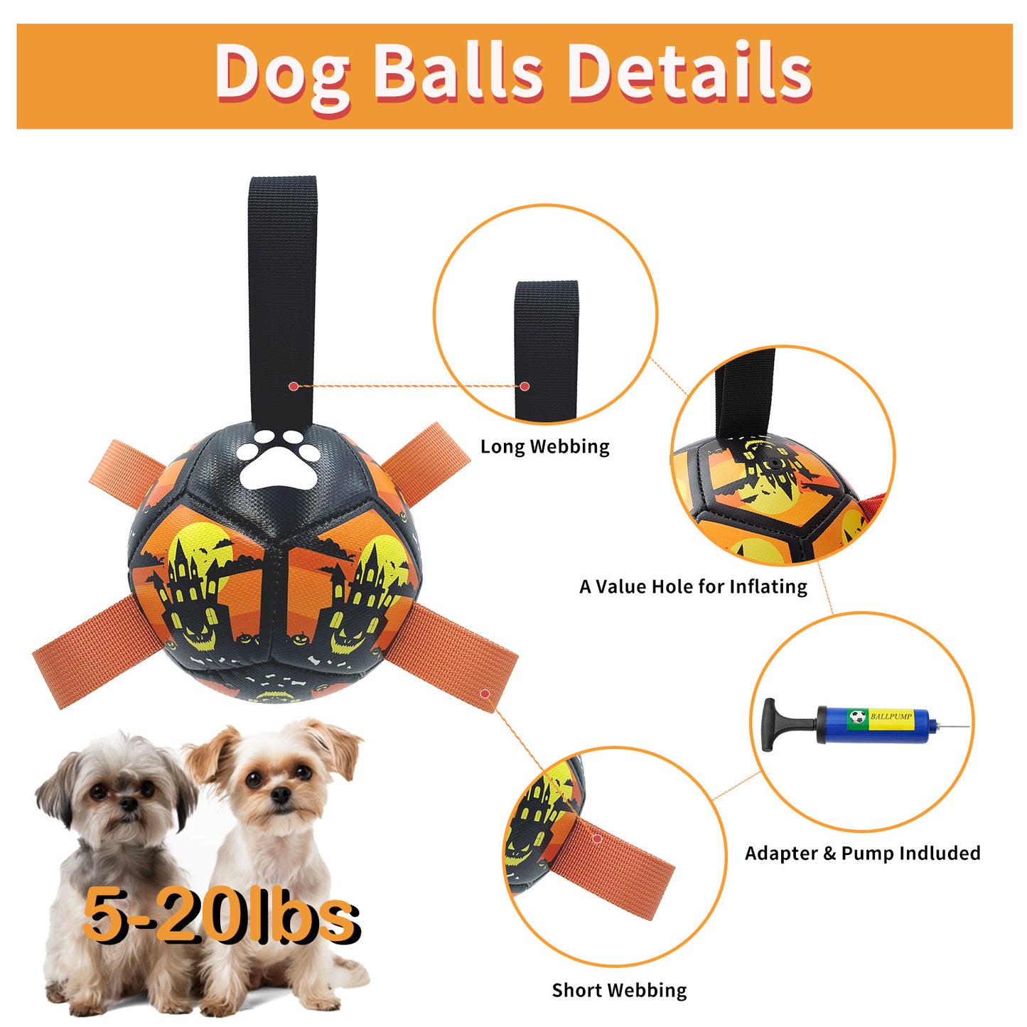 Interactive Dog Toys, Dog Soccer Ball With Straps, Dog Football, Dogs Balls For Small Size Dog Water Toy Indoor & Outdoor, Gift For Dogs