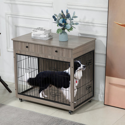 Dog Crate Furniture, Wooden Dog Crate End Table, 38.4 Inch Dog Kennel With 2 Drawers Storage, Heavy Duty Dog Crate, Decorative Pet Crate Dog Cage For Large Indoor Use