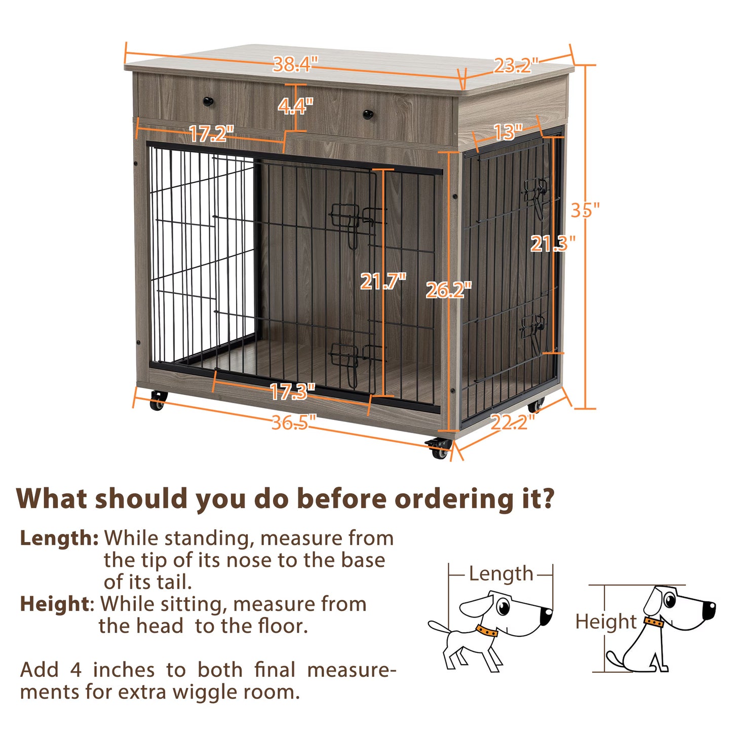 Dog Crate Furniture, Wooden Dog Crate End Table, 38.4 Inch Dog Kennel With 2 Drawers Storage, Heavy Duty Dog Crate, Decorative Pet Crate Dog Cage For Large Indoor Use