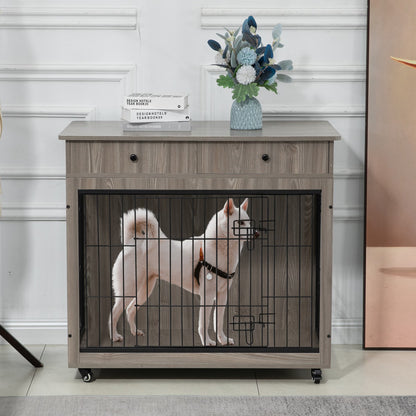 Dog Crate Furniture, Wooden Dog Crate End Table, 38.4 Inch Dog Kennel With 2 Drawers Storage, Heavy Duty Dog Crate, Decorative Pet Crate Dog Cage For Large Indoor Use