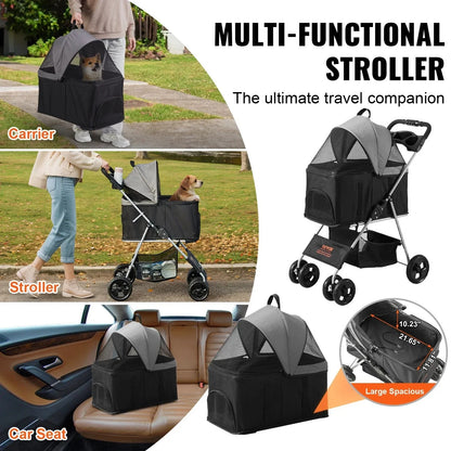 VEVOR Pet Stroller, A Four-wheeled Rotating Dog Stroller With A Brake, Has A Weight Capacity Of 35 Pounds. It Comes With A Detachable Tray, Storage Basket, And Cup Holder, Suitable For Travel With Dog