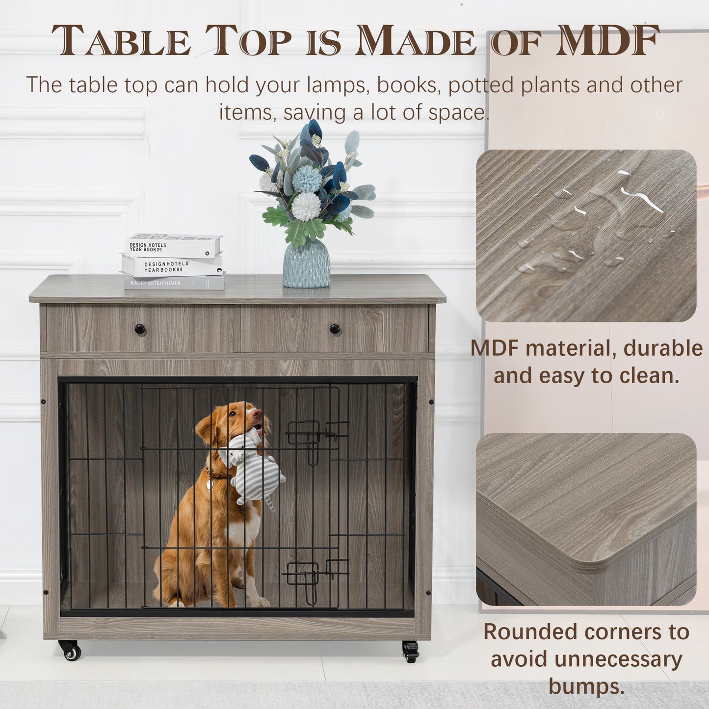 Dog Crate Furniture, Wooden Dog Crate End Table, 38.4 Inch Dog Kennel With 2 Drawers Storage, Heavy Duty Dog Crate, Decorative Pet Crate Dog Cage For Large Indoor Use